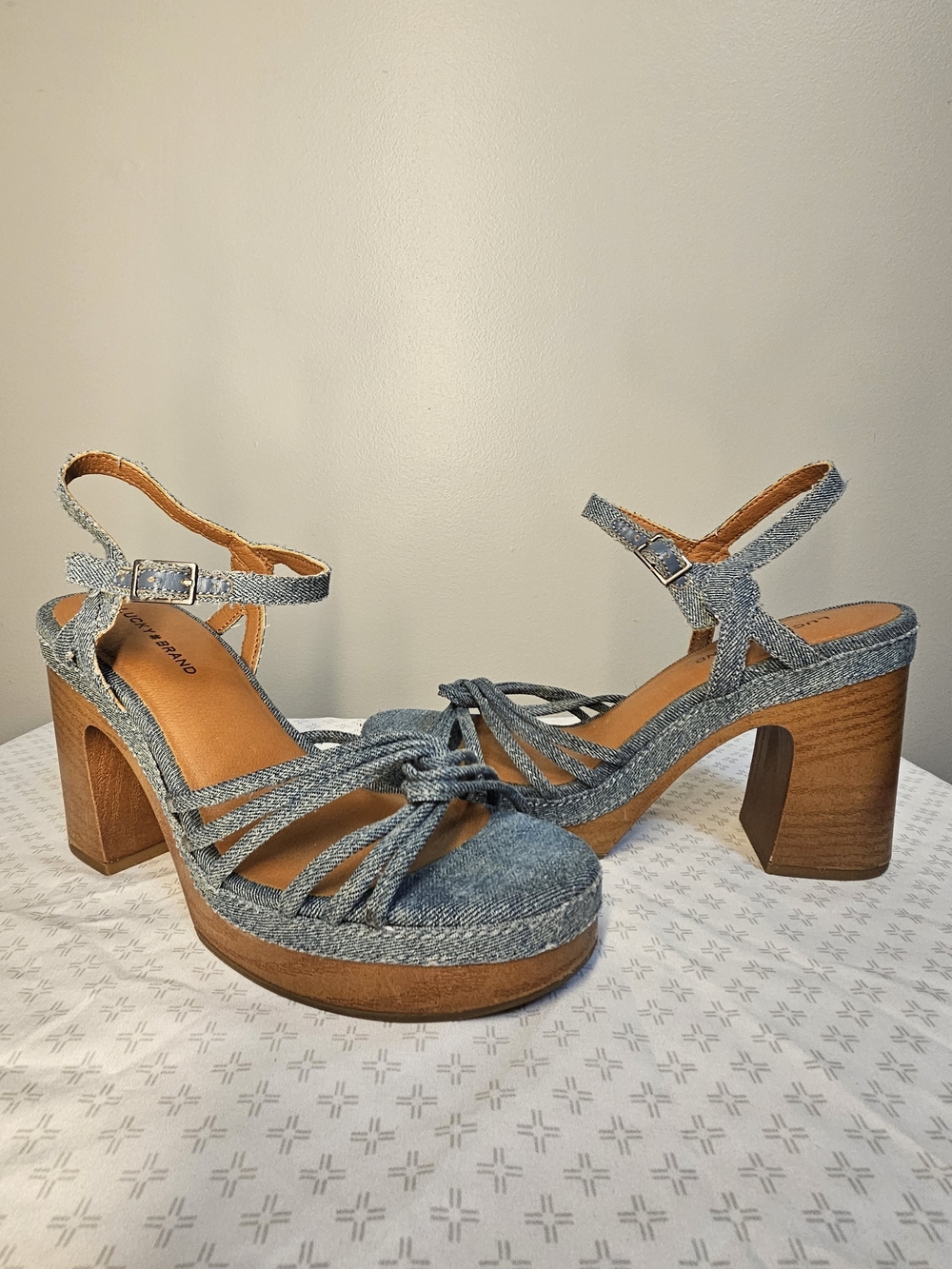 Lucky Brand Y2K Denim Platform Heeled Sandals with Ankle Strap - Picture 2 of 12